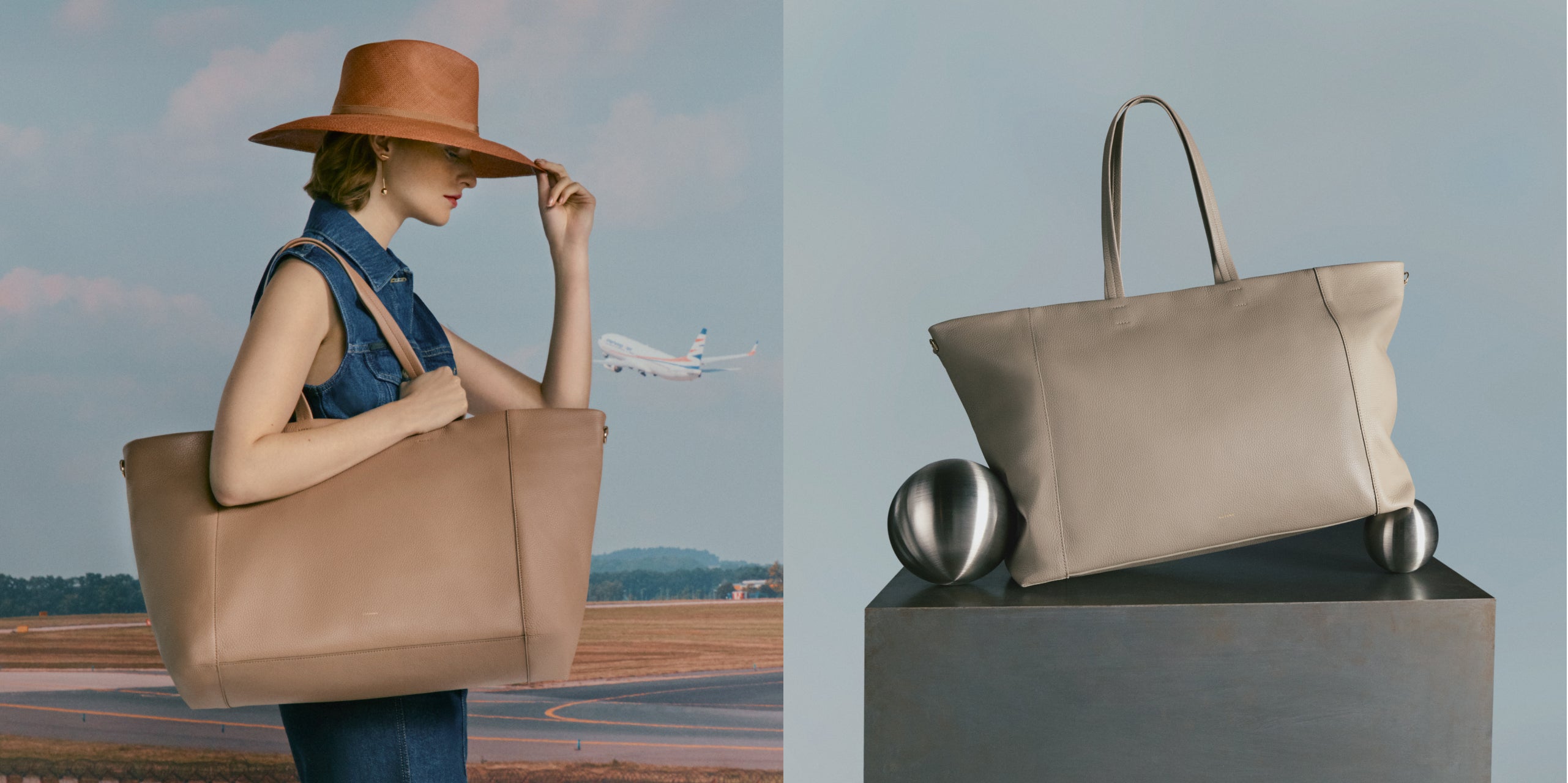 Woman holding her hat, carrying a large bag, near an airstrip.