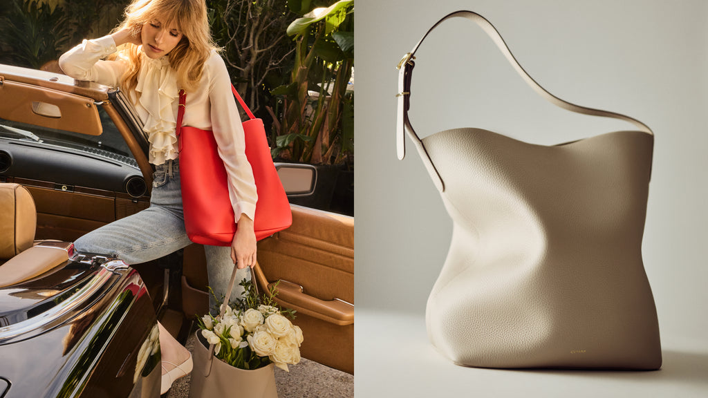 Woman with red tote bag, holding flowers by car; abstract-shaped bag on right.