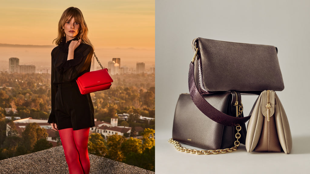 Woman holding red bag outdoors; three handbags displayed indoors.