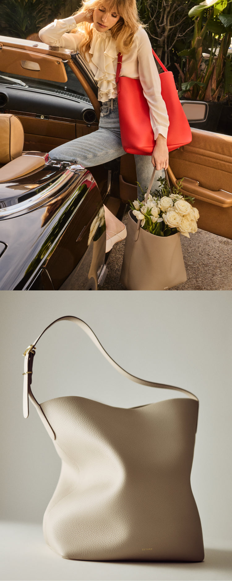 Woman with red tote near car, holding flowers; below is a slouchy handbag on display.