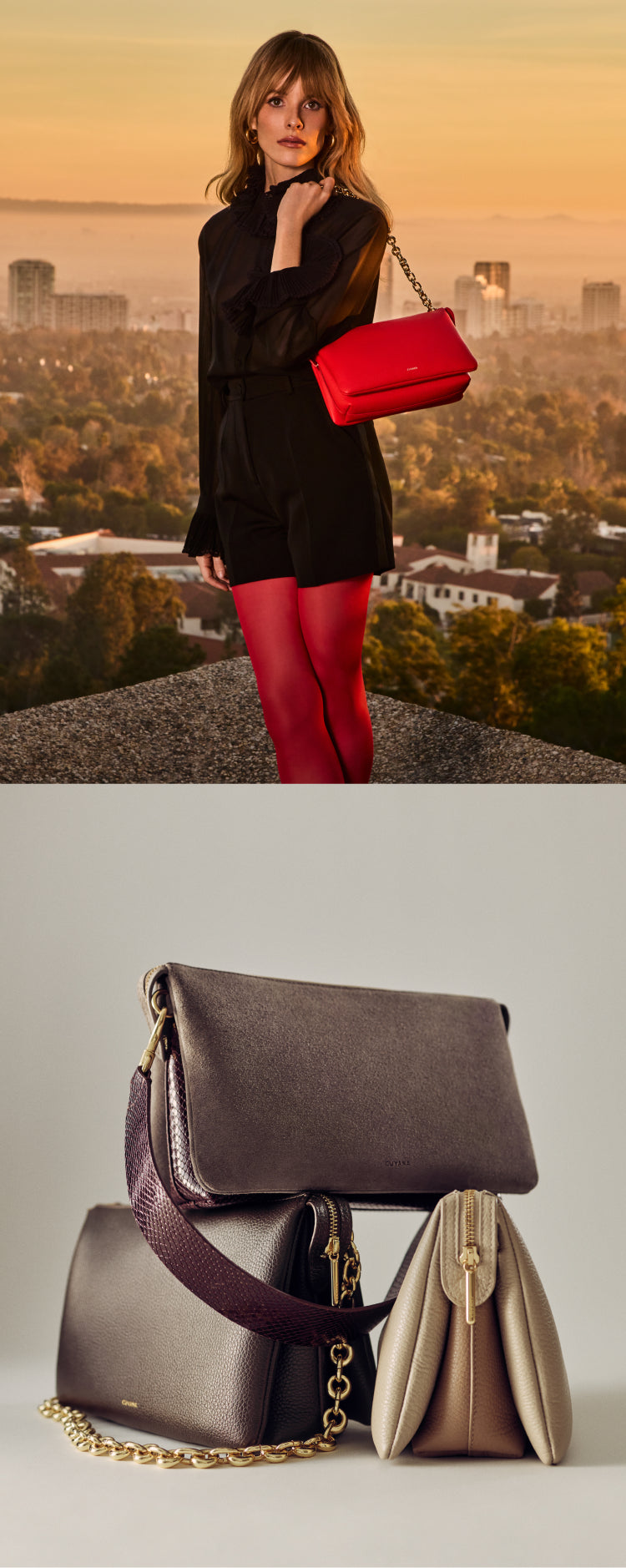 Model with a red handbag poses outside; three handbags displayed indoors.