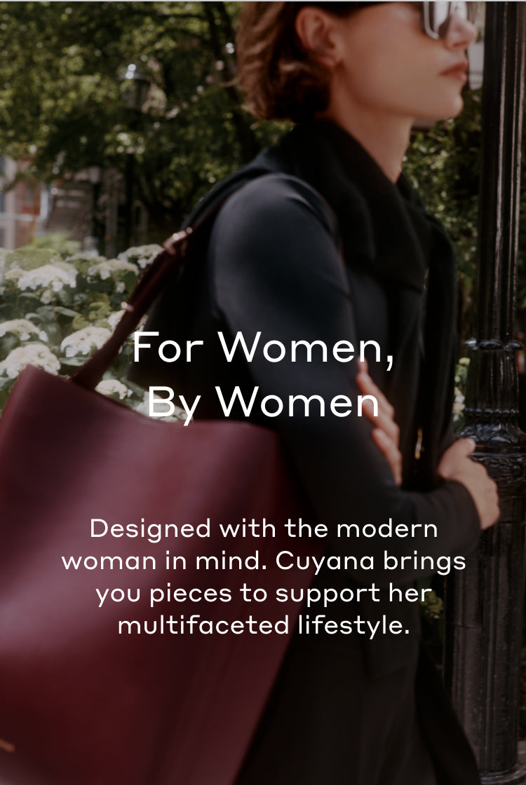 Person holding a large tote bag with text overlay promoting women's lifestyle products.