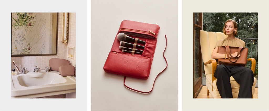 Bathroom sink, makeup brushes in a pouch, person sitting on a chair.