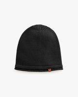 Knit beanie hat with a logo tag on the brim.