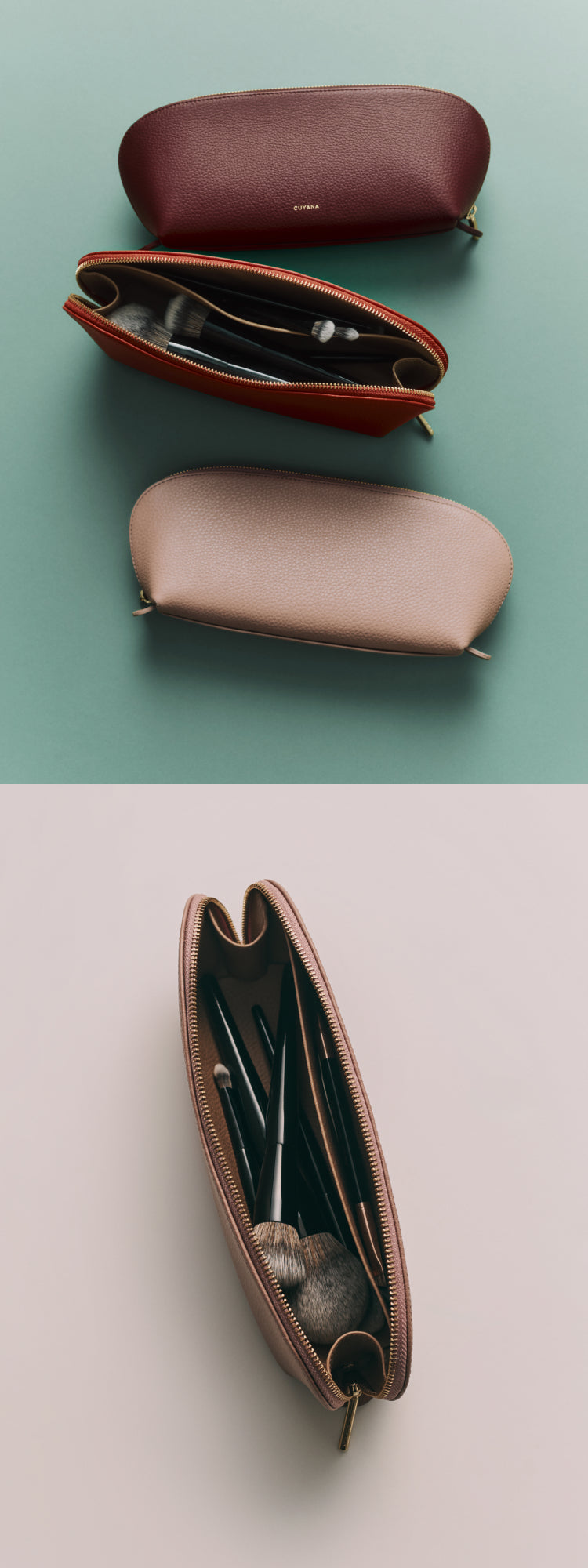 Three makeup pouches, one open with brushes inside.