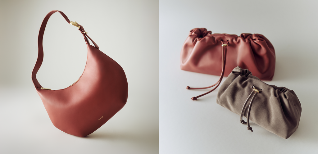 Shoulder bag and two pouch bags on a plain background.