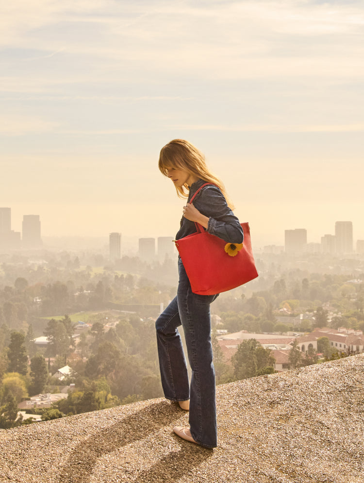 Person stands on a ledge holding a large bag with a cityscape in the background.