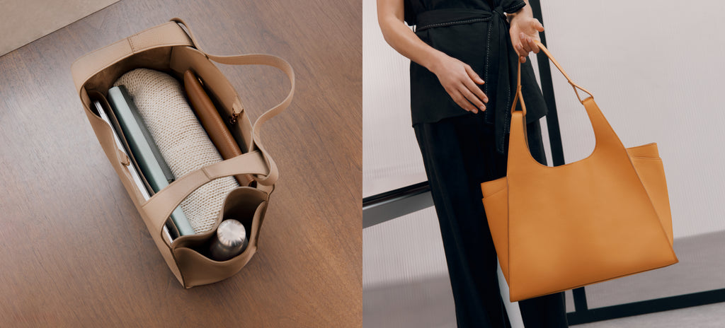 Left: Interior shot of the Cuyana Double Loop Satchel in color Cappuccino filled with a laptop, notebooks, sweater and wallet. Right: Model wearing black, holding the Cuyana Double Loop Satchel in color Mango. Button: 