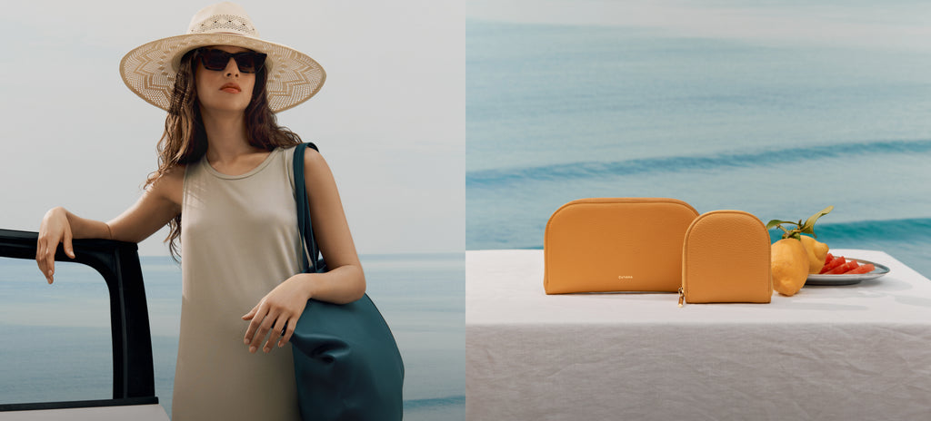 Left: Model wears straw hat, large green tote and light green dress. Right: Two wallets in the color orange and plate of lemons..