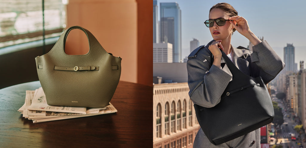 Left: Handbag on table with newspapers. Right: Person outdoors holding a handbag, city skyline behind.