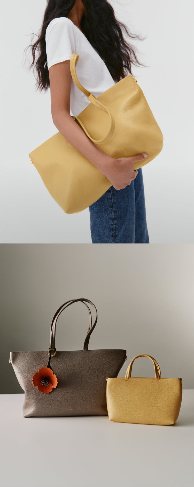 Person carrying tote bag, two tote bags on display with one flower accessory