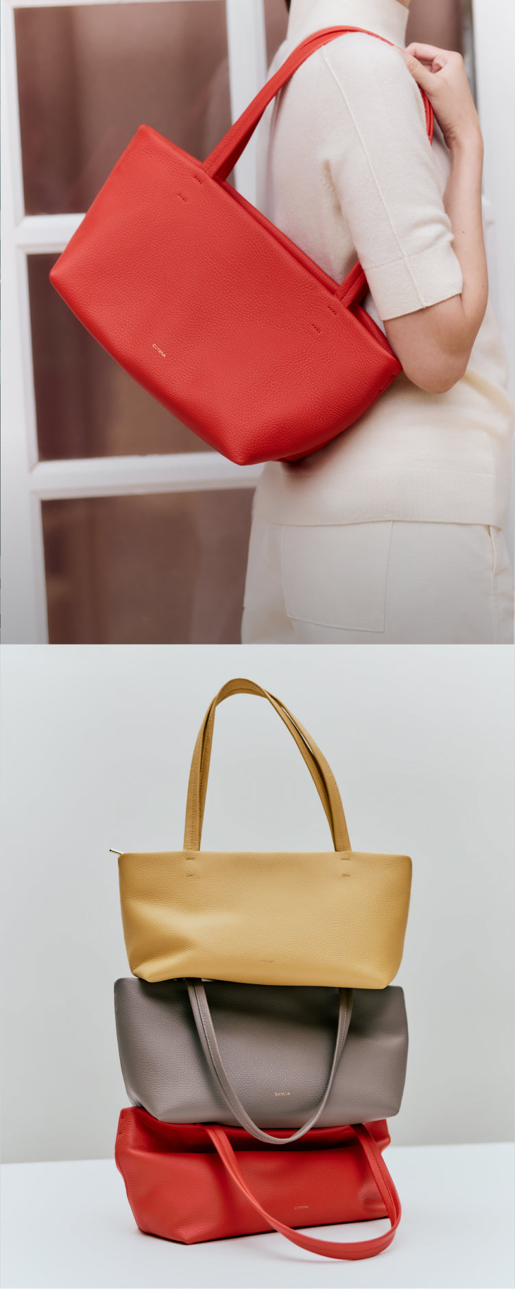 Person holding travel bag; stack of three travel bags.