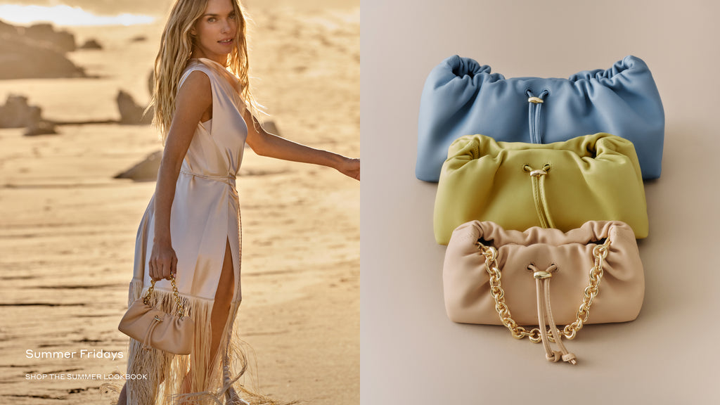 Woman in a desert holding a small bag, three bags with drawstrings displayed separately.