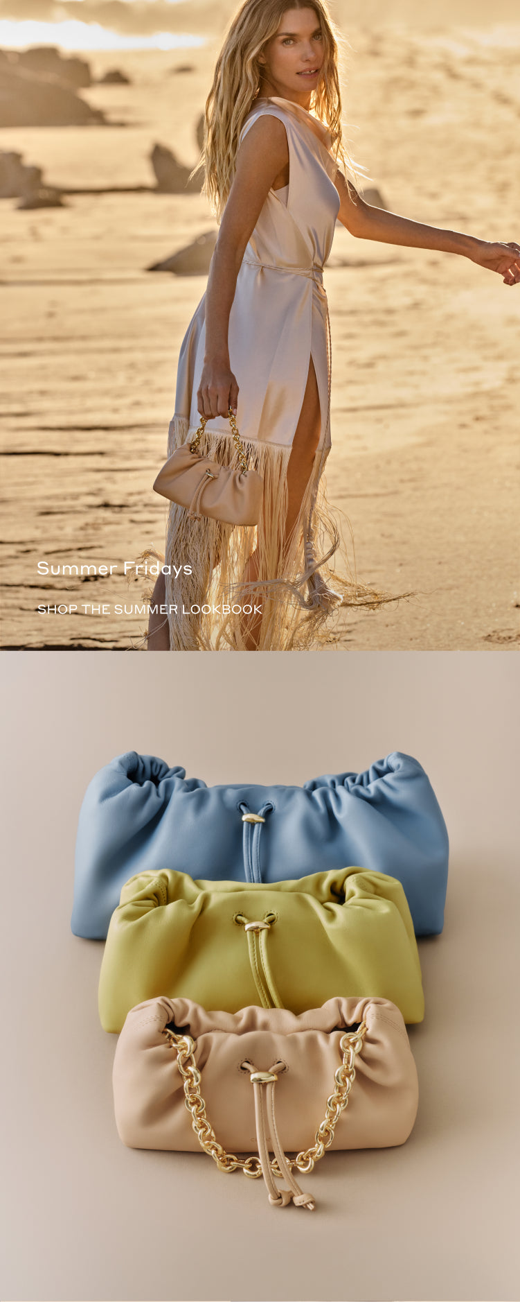 Person in dress on beach holding gathered handbag; below are three gathered handbags in a row.
