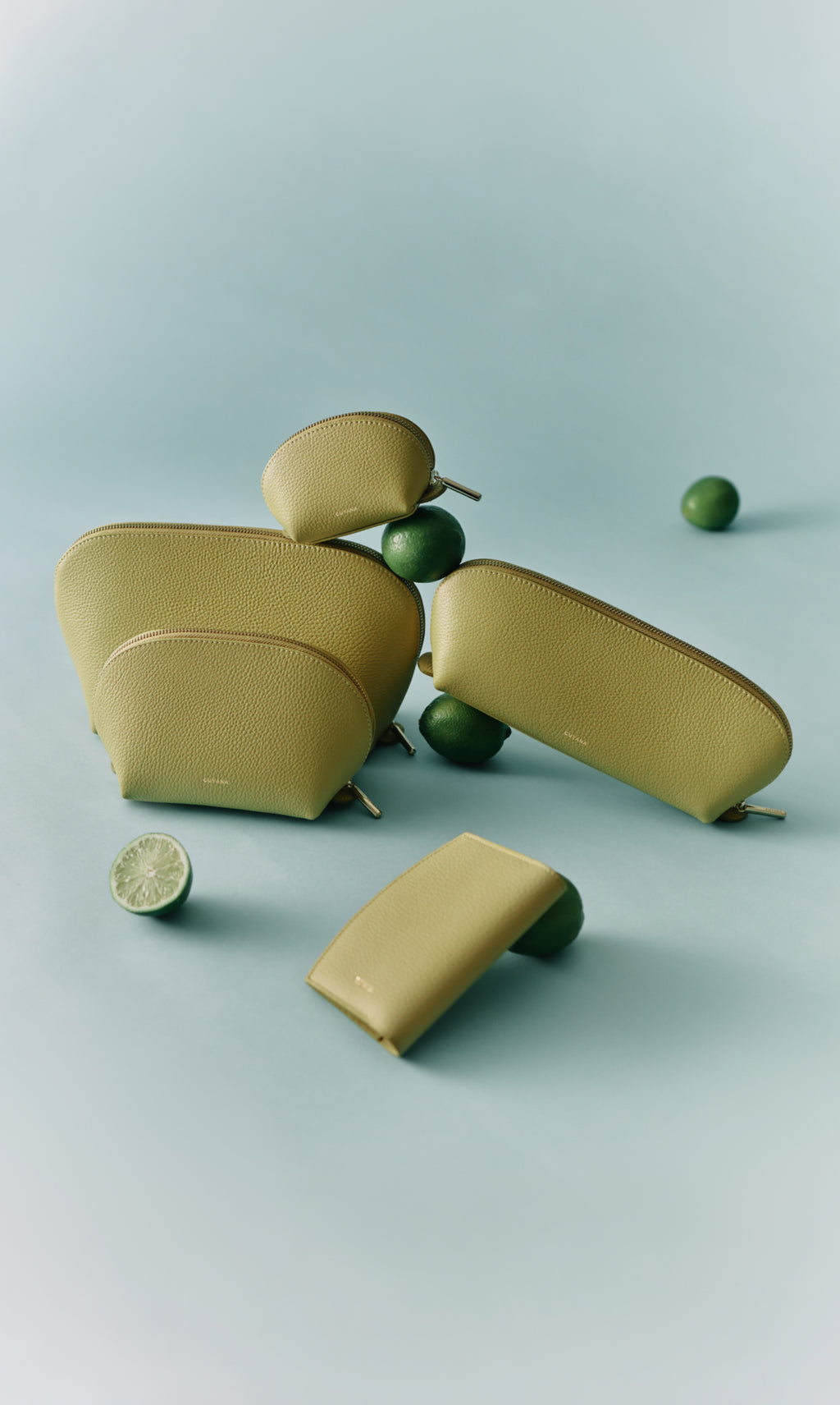 Five assorted pouches displayed with limes.