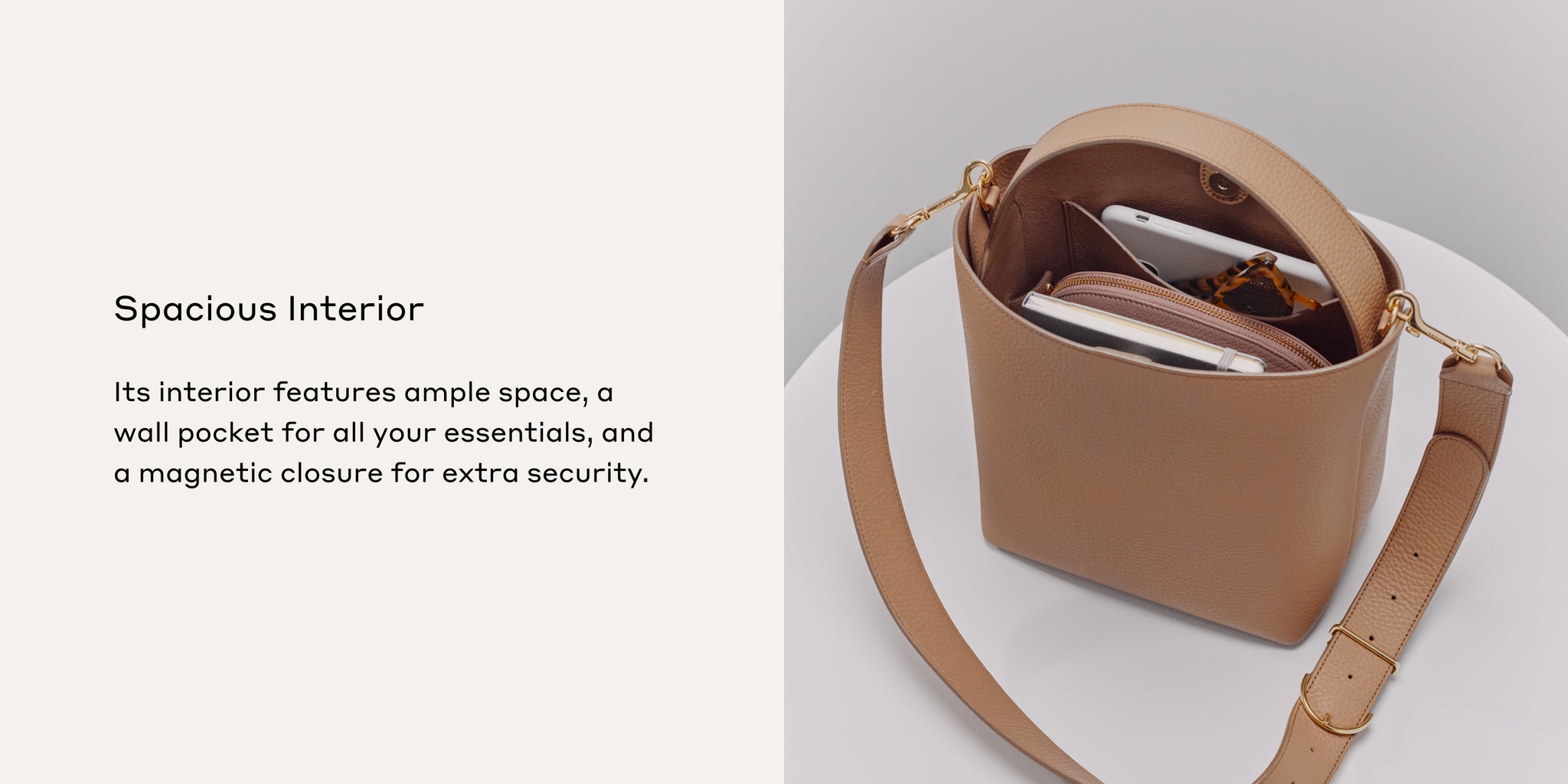 Handbag open to show spacious interior with items inside and text describing features.