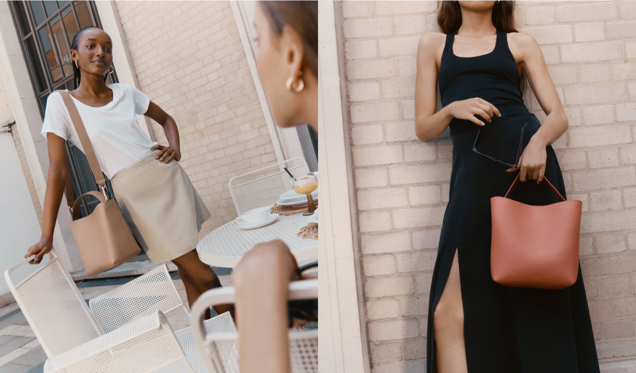 Two women posing with handbags, one at a cafe table and one standing by a wall.