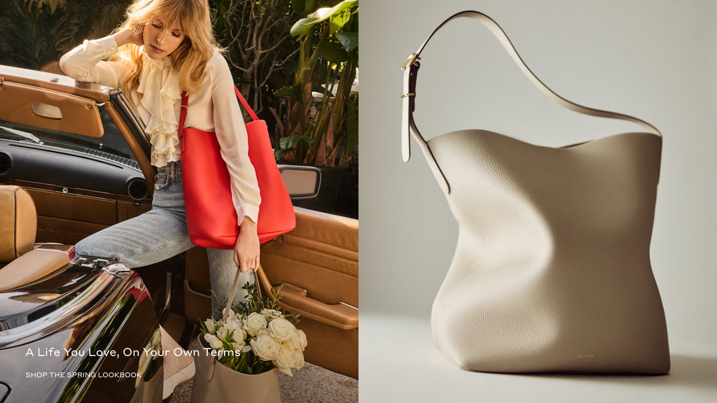 Left: Person places red tote bag in car. Right: White, wavy handbag on white surface.