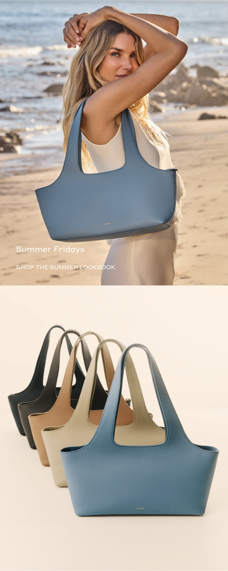 Woman holding tote bag on beach, display of five totes on neutral background.