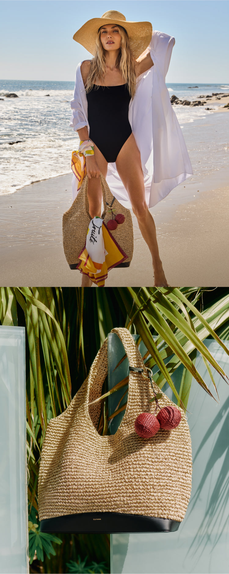 Woman on beach with hat, swimsuit, sheer wrap, holding straw bag with pom-poms.