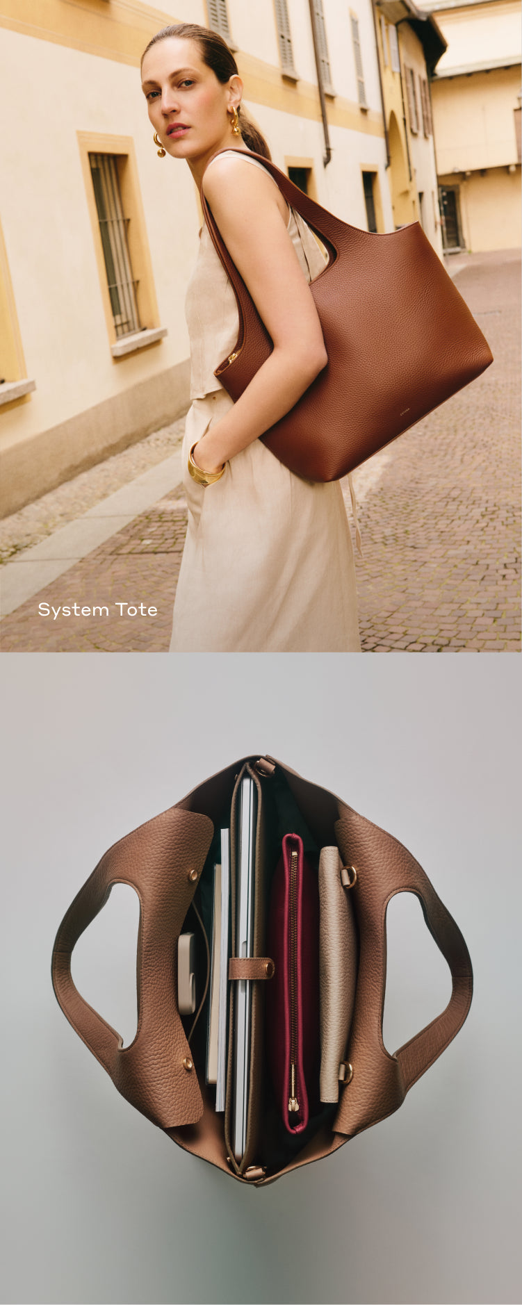 Woman holding tote bag outdoors; open tote with items inside shown separately.