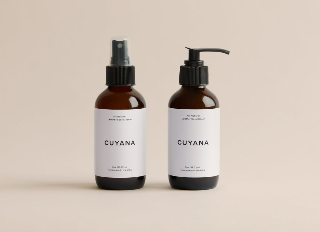 Two bottles with pump and spray dispensers labeled CUYANA