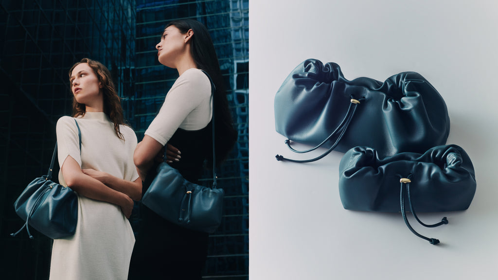 Two people with shoulder bags; three drawstring bags on the right.