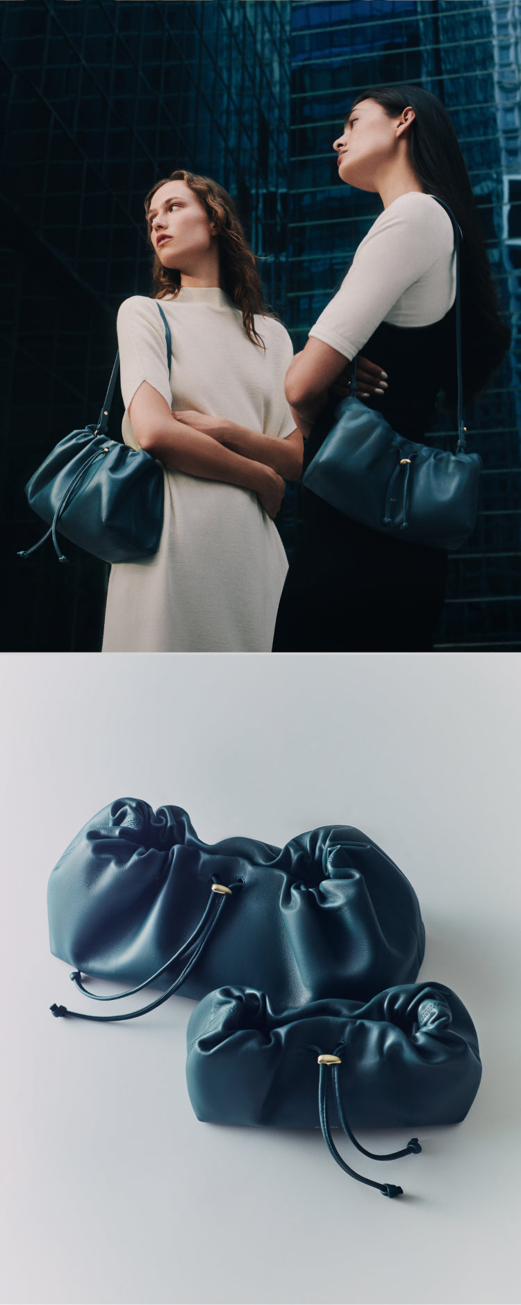 Two women with shoulder bags, and a close-up of two similar bags on a white surface.
