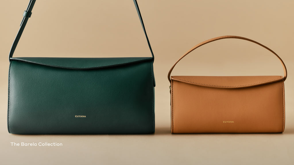 Two handbags with handles displayed on a plain background.