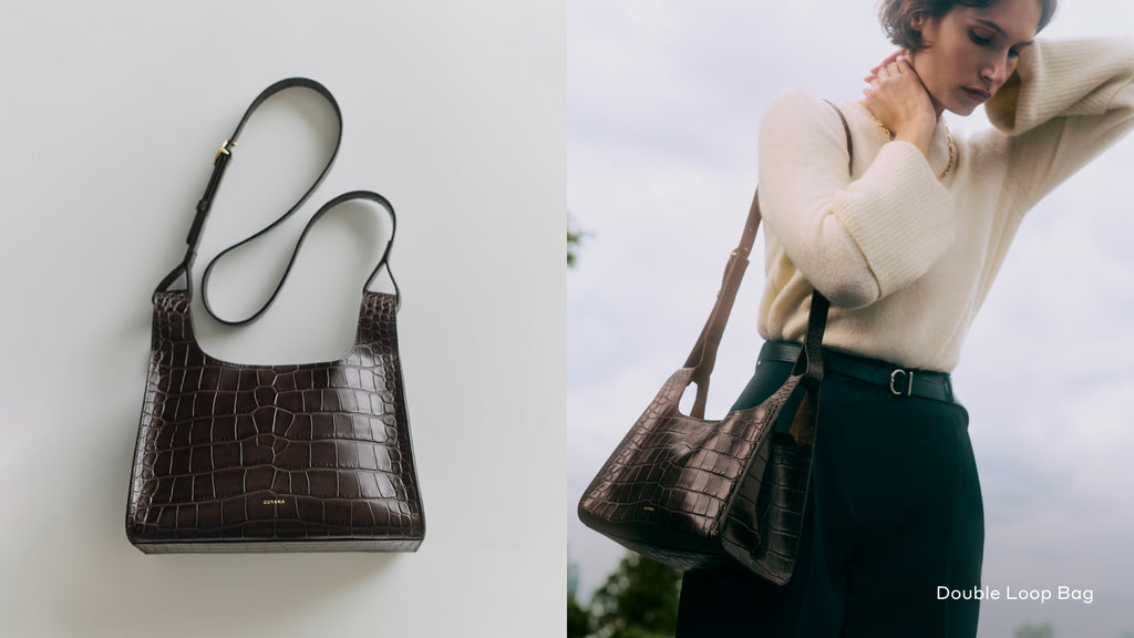 Left: A croc-embossed leather shoulder bag. Right: Person wearing the same shoulder bag. Tex: Double Loop Bag