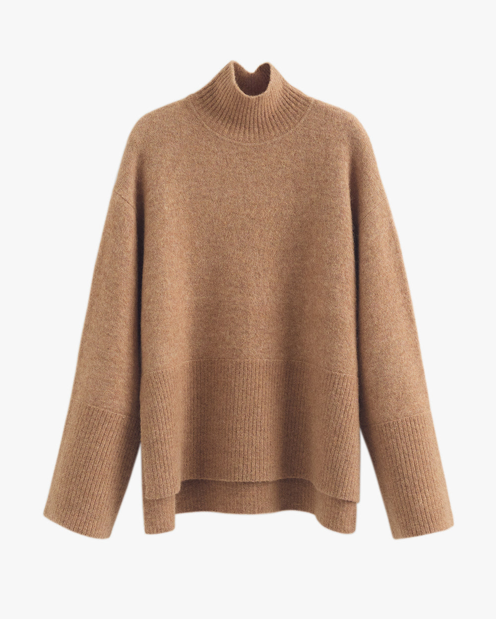 A turtleneck sweater with ribbed cuffs and hem