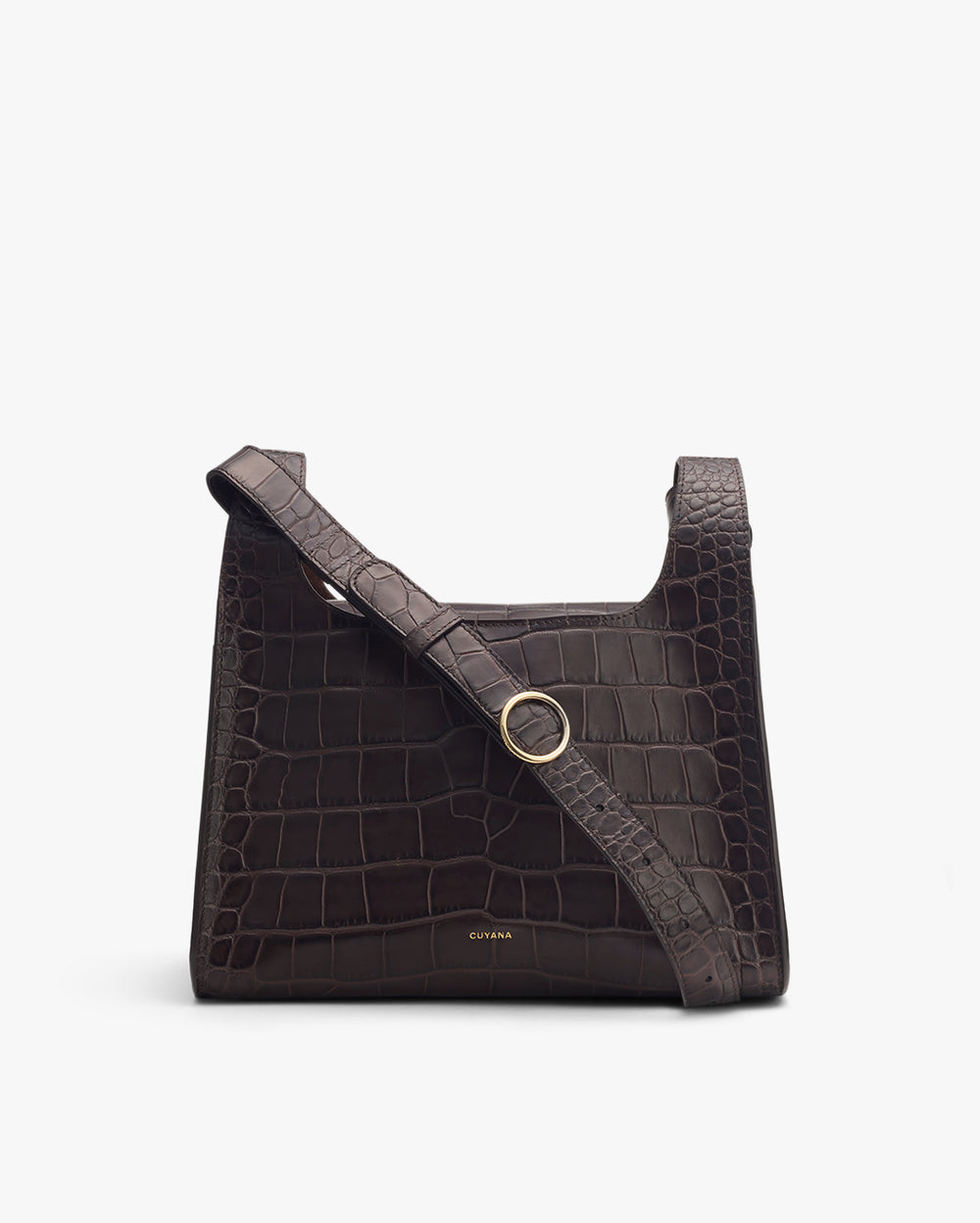 Shoulder bag with croc-embossed leather and a gold buckle on the strap