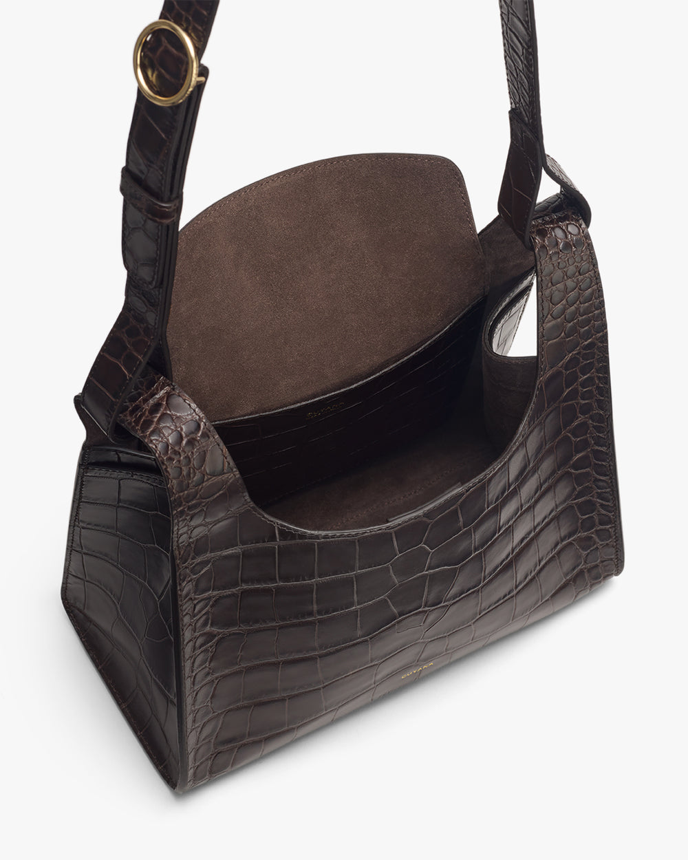 Bag with croc-embossed leather and open top showing interior pockets and adjustable strap with buckle.