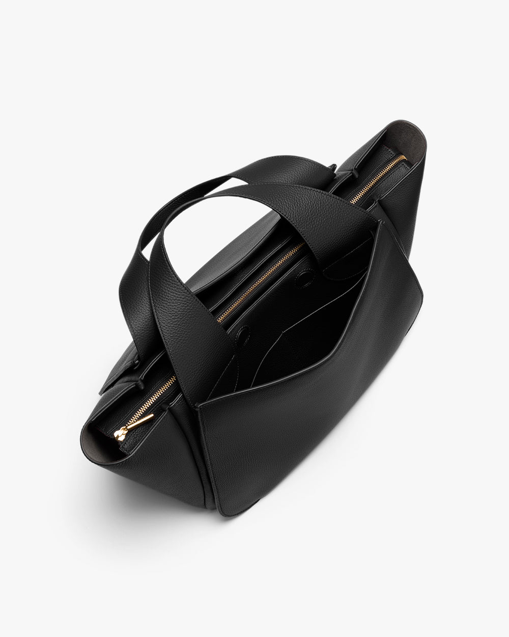 A structured handbag with a zipper and multiple compartments