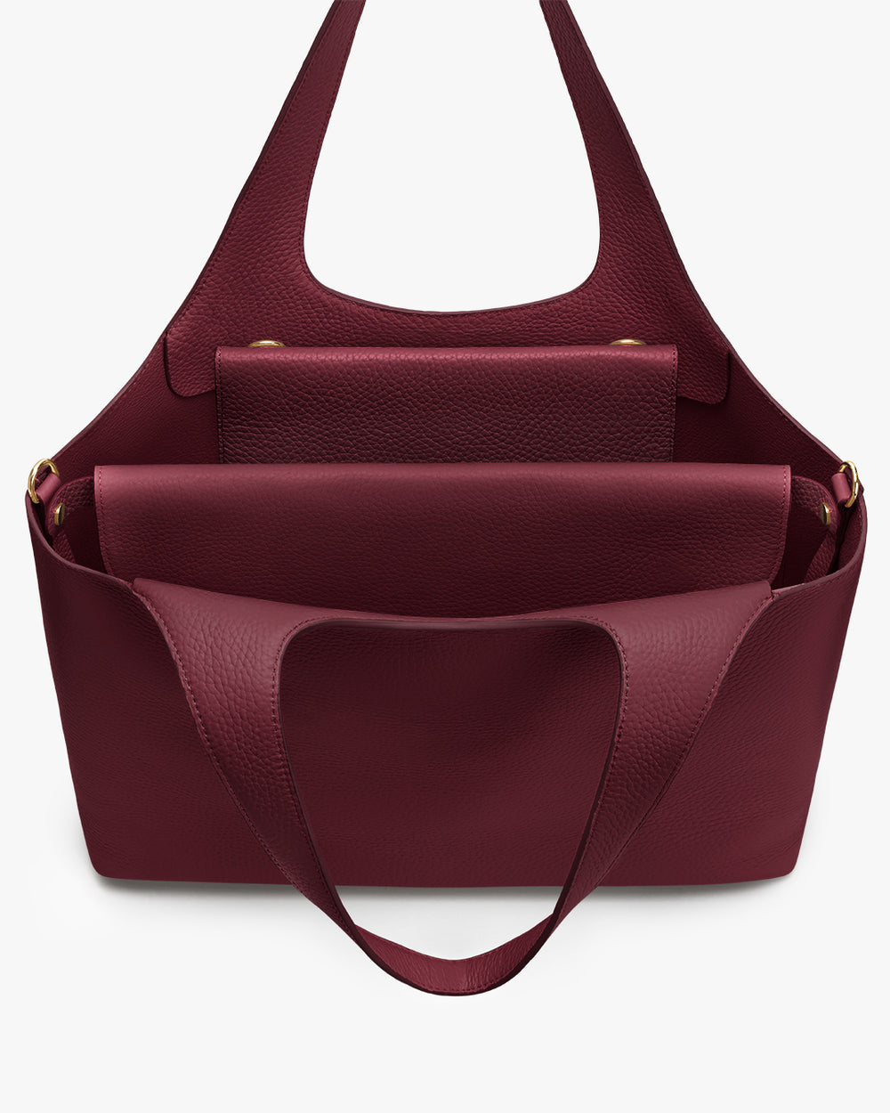 Open travel bag with multiple compartments, handles, and interior pockets.