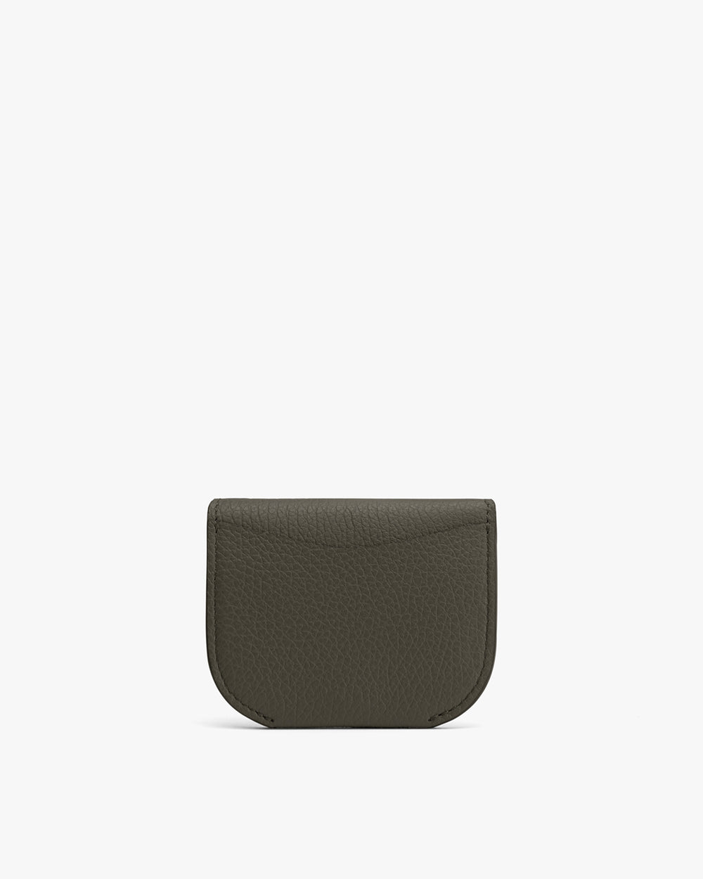 Small leather coin purse with rounded edges on a plain background.