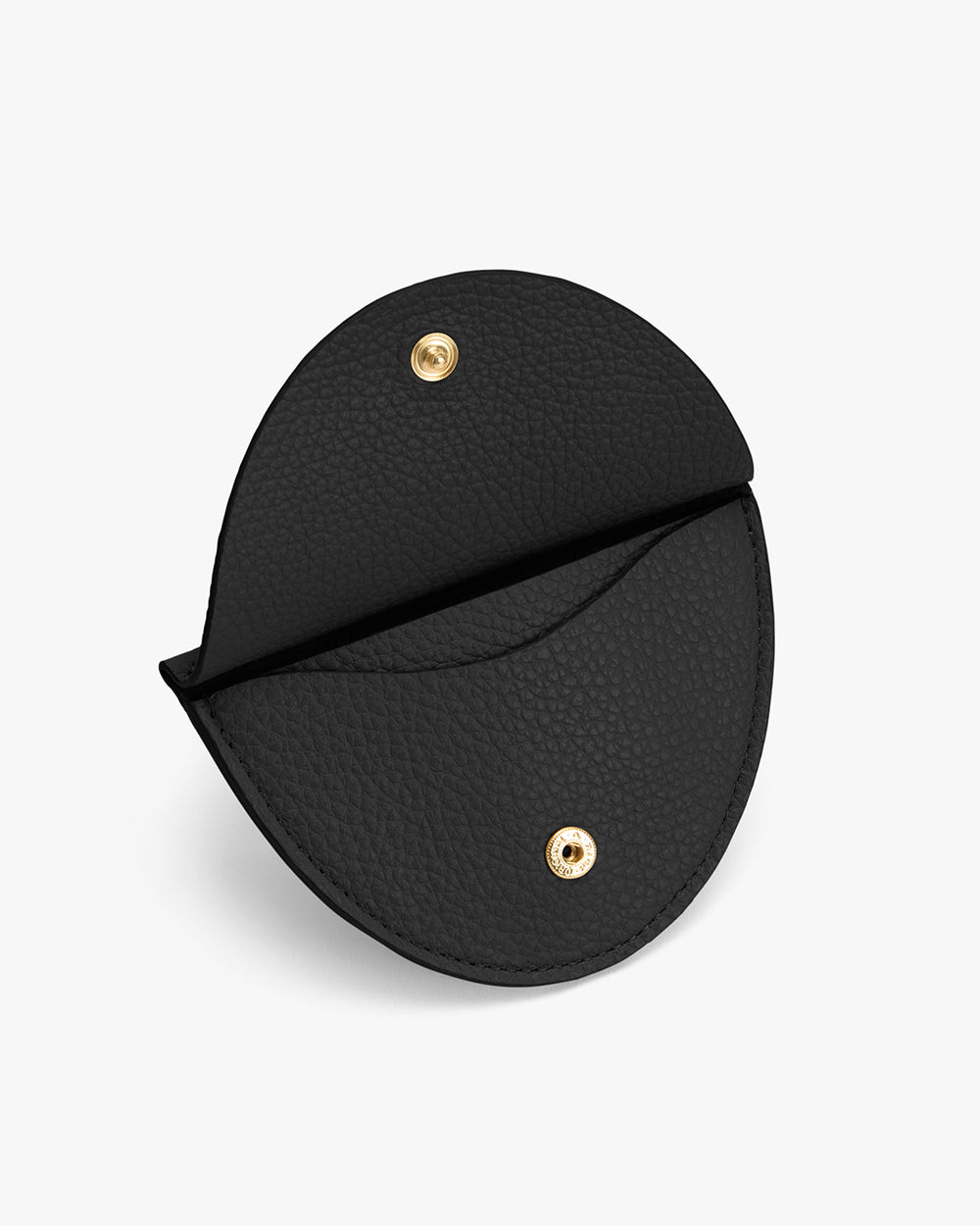 Circular coin pouch with snap button closure.