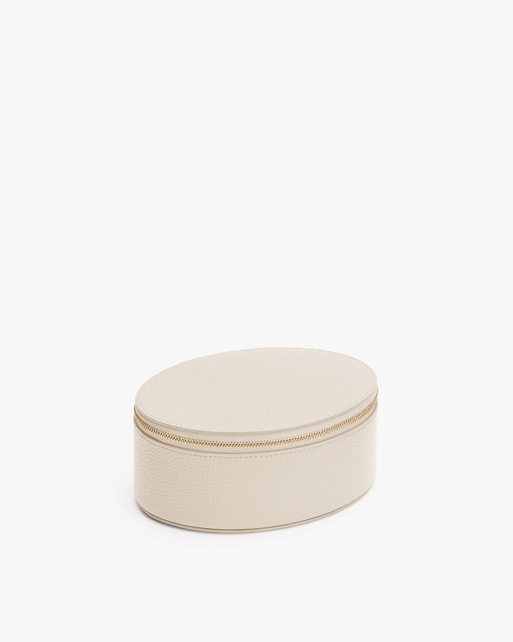 Oval storage box with a zip closure on a plain background