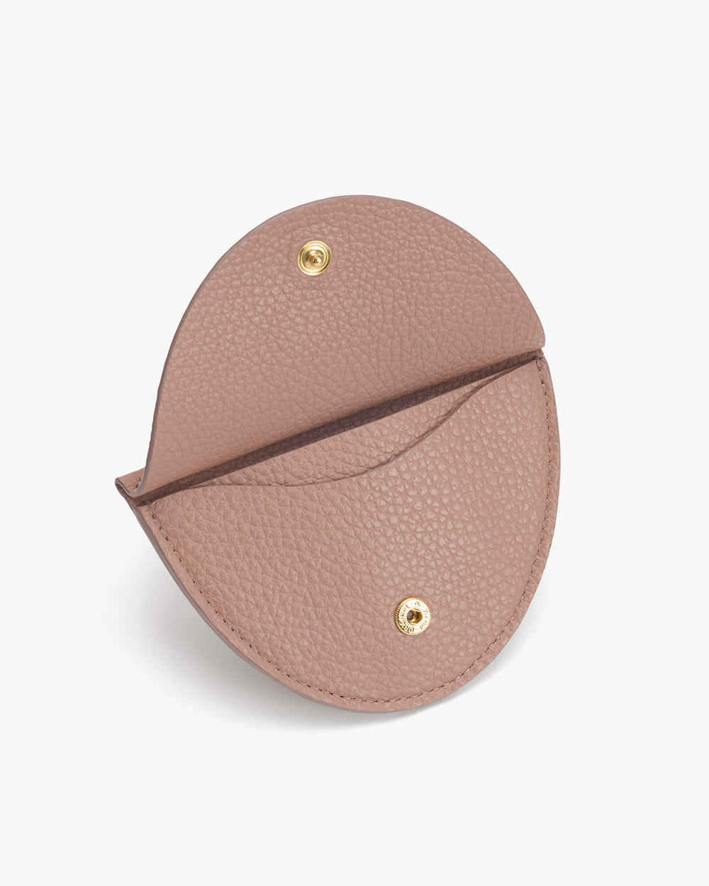 Round textured leather coin purse with snap closure.