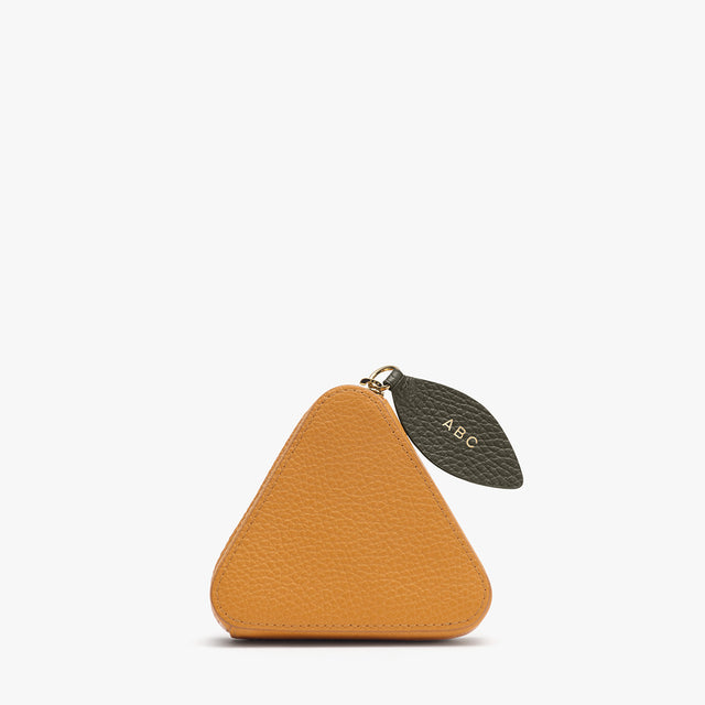 Small triangular coin purse with leaf-shaped tag