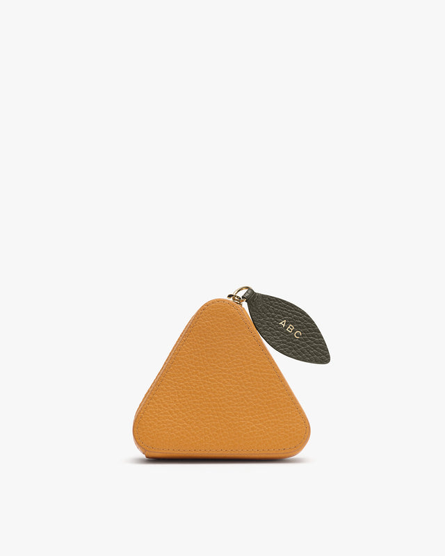 Small triangular coin purse with leaf-shaped tag