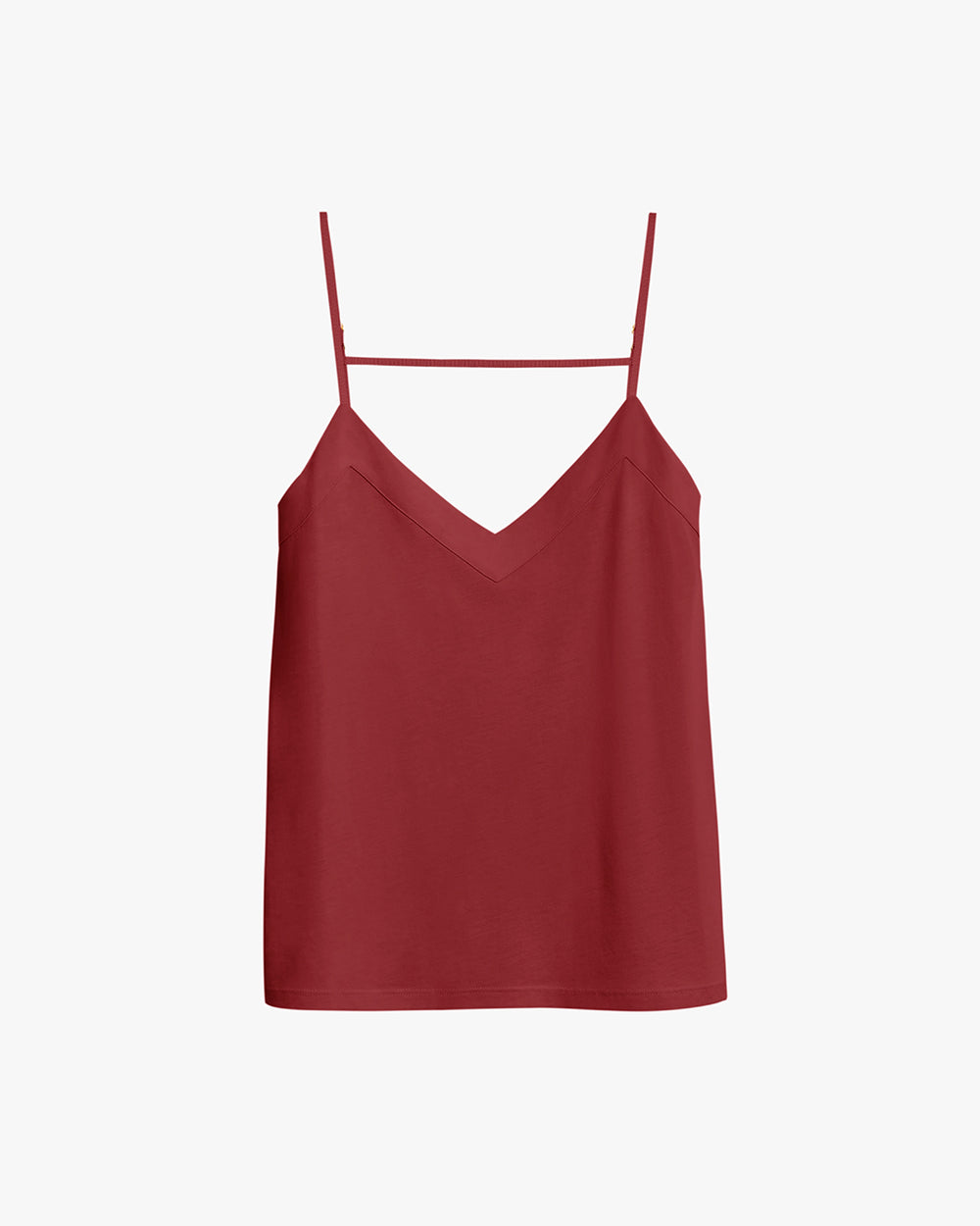 Sleeveless top with thin straps and a V-neckline.