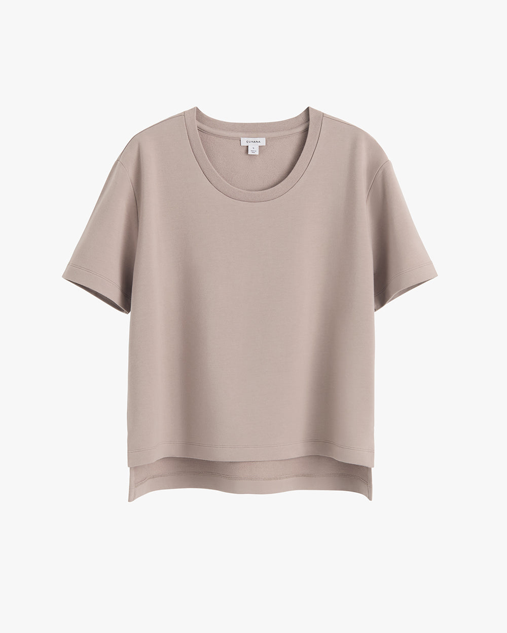 Simple short-sleeve shirt with a round neckline on a white background