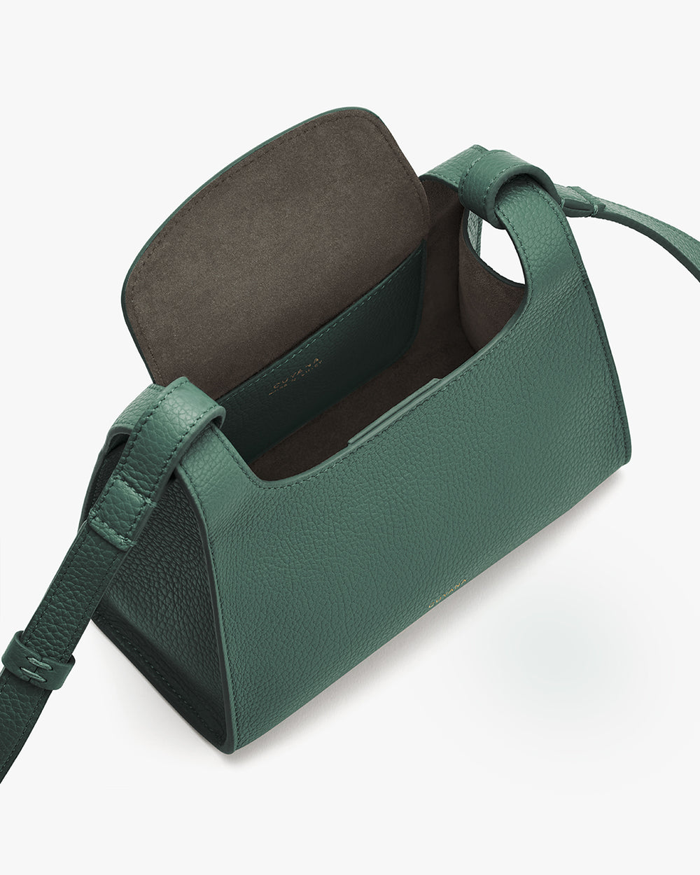 Open handbag with a curved flap and a long strap