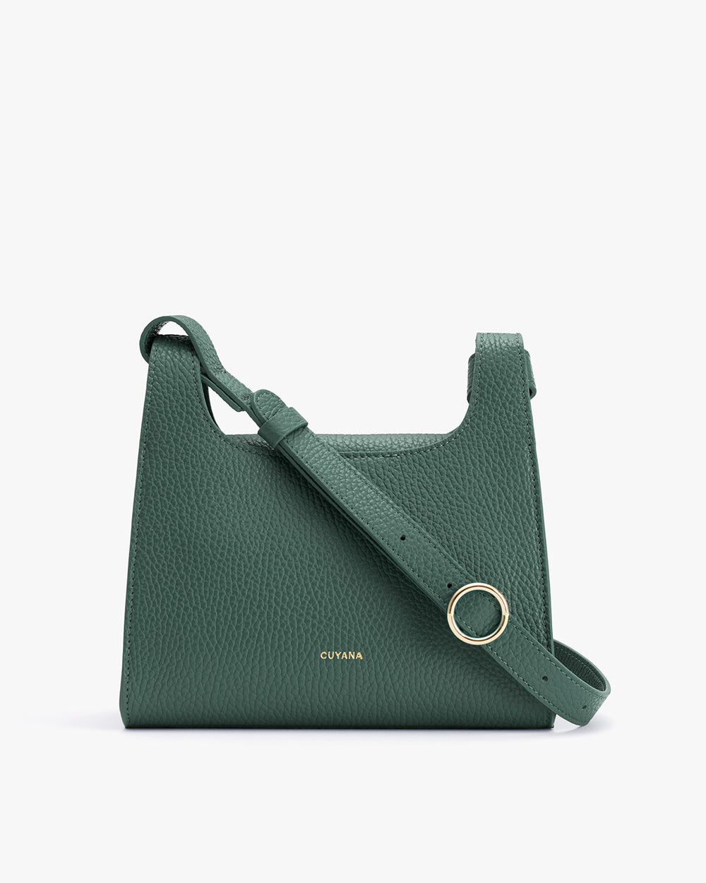 Open handbag with a curved flap and a long strap