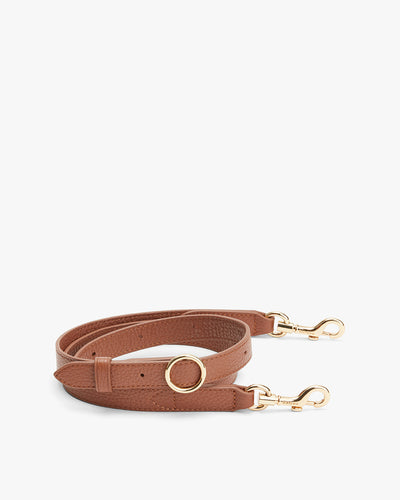 Leather strap with metal clasps and ring.