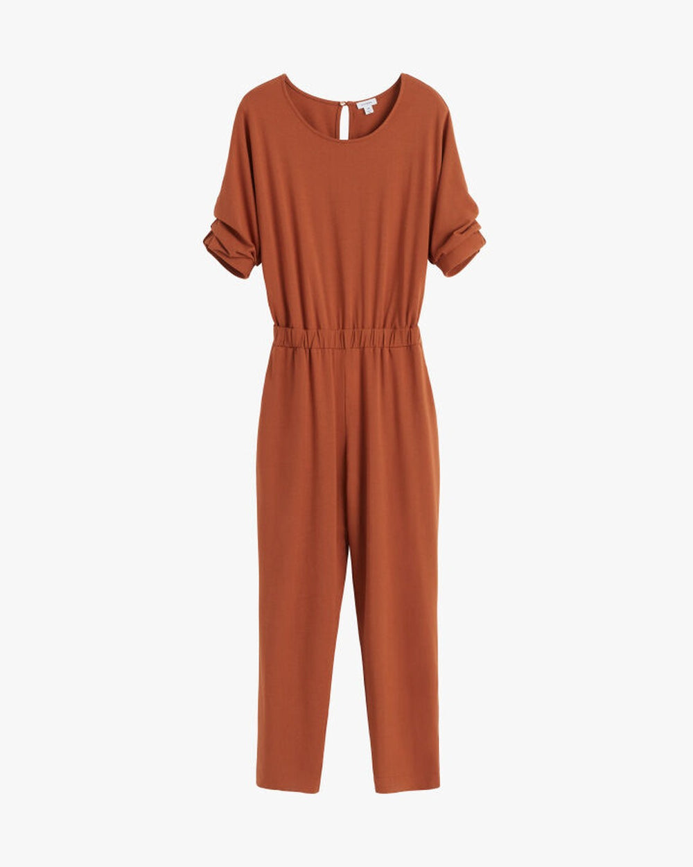 Jumpsuit with rolled-up sleeves and an elastic waist.