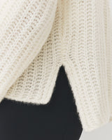 Close-up of a knitted sweater over a dark garment.