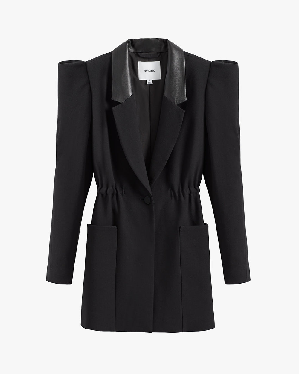 Blazer with exaggerated shoulder pads and lapels, buttoned front, and two pockets.