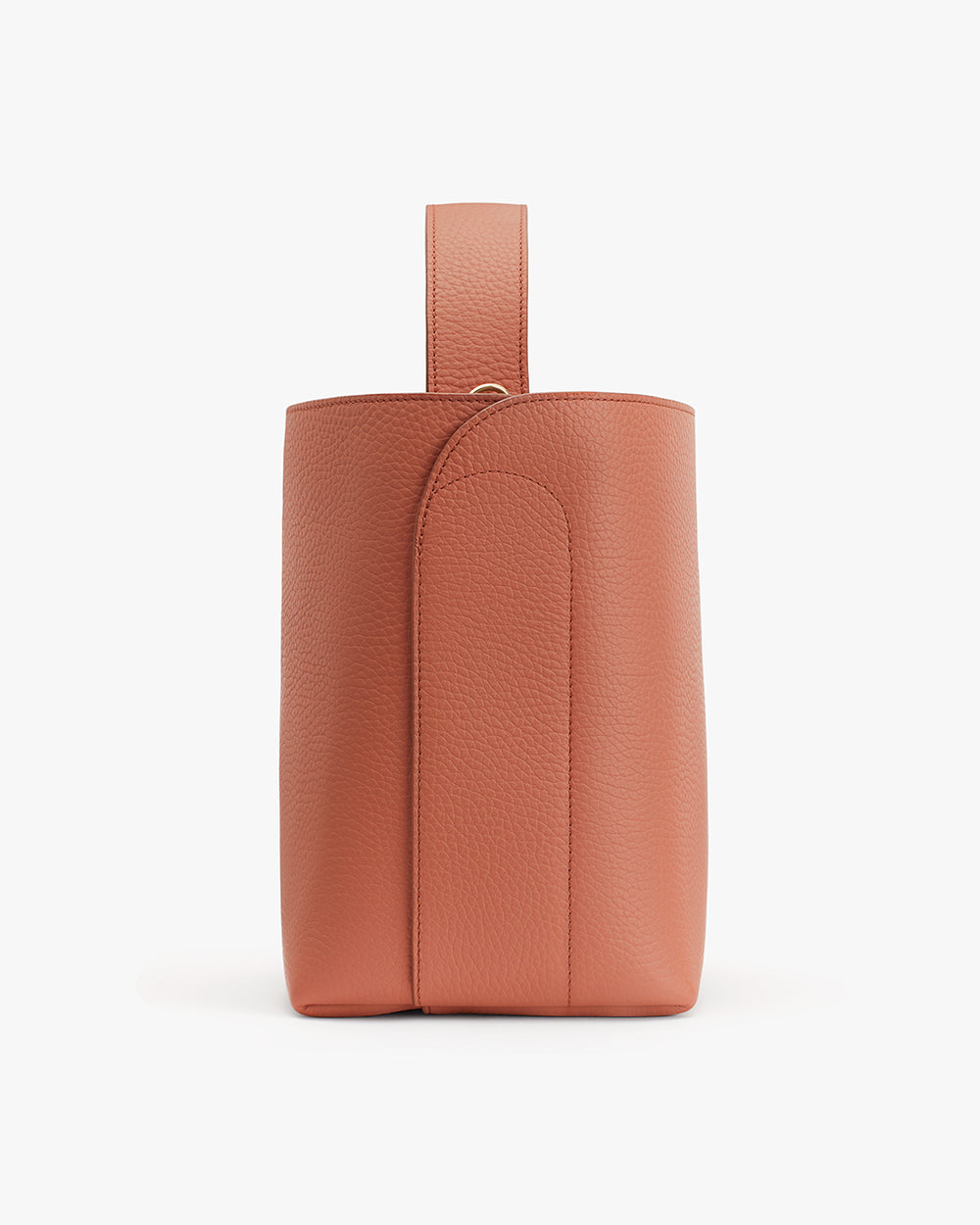 Vertical leather bag with a loop on top against a plain background.